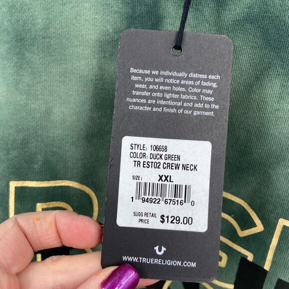 True Religion Logo Crewneck Sweatshirt Duck Green Camouflage Size 2XL - Picture 3 of 10